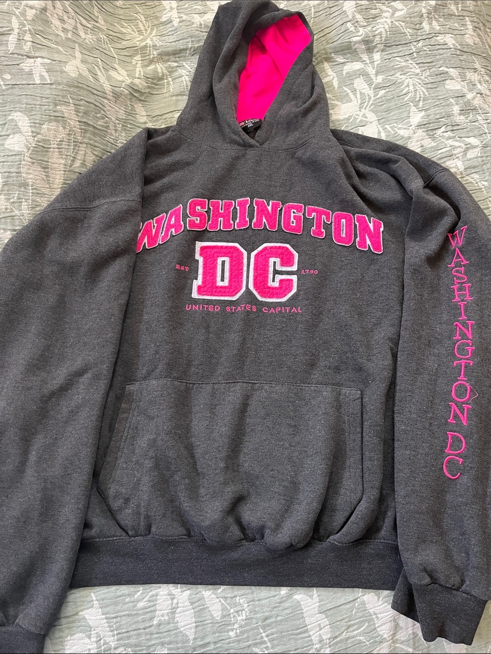Gildan Charcoal Gray Hoodie with Hot Pink Washington DC Graphics